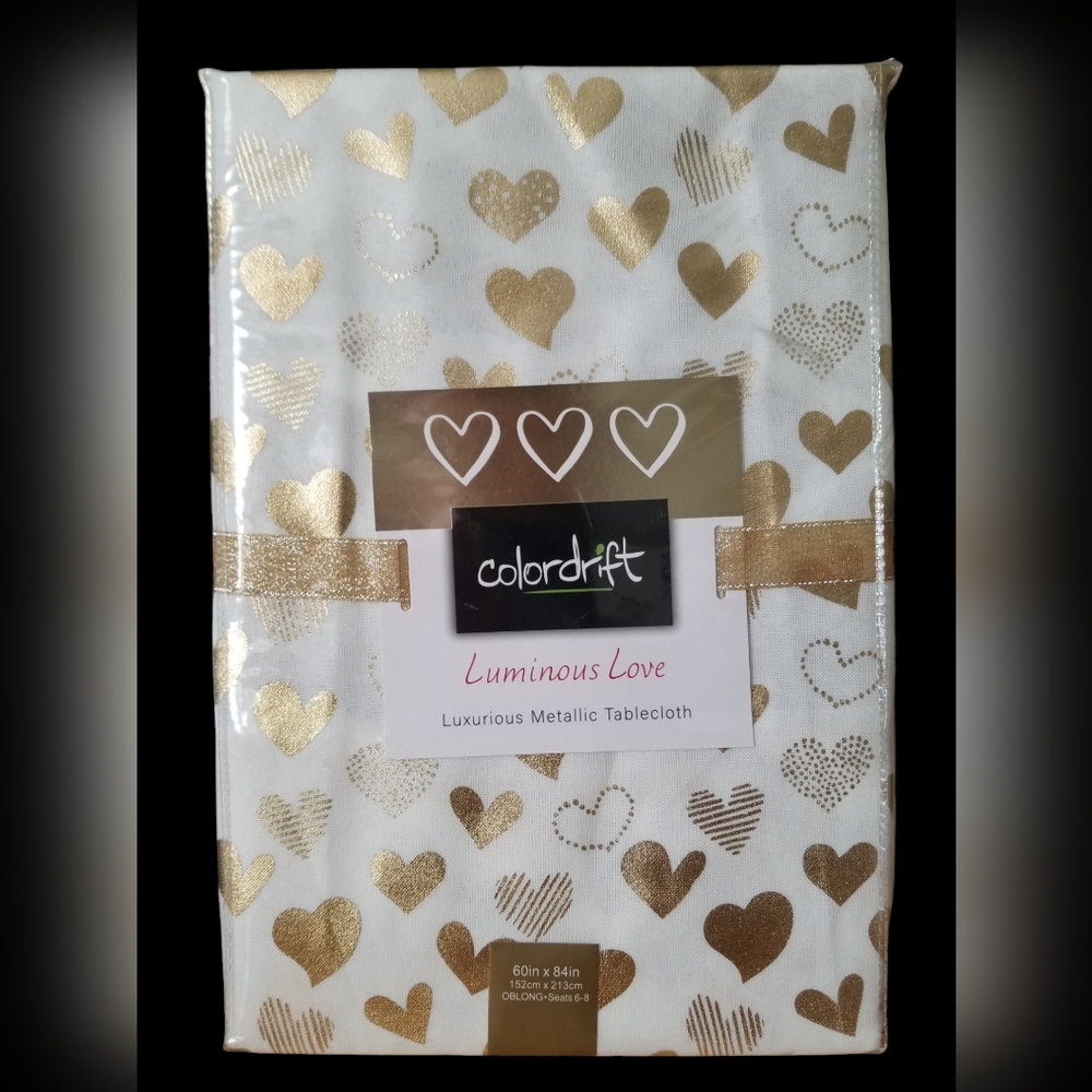 Colordrift FABRIC Tablecloth Valentine Hearts Gold Metallic Glitter 60inx84in